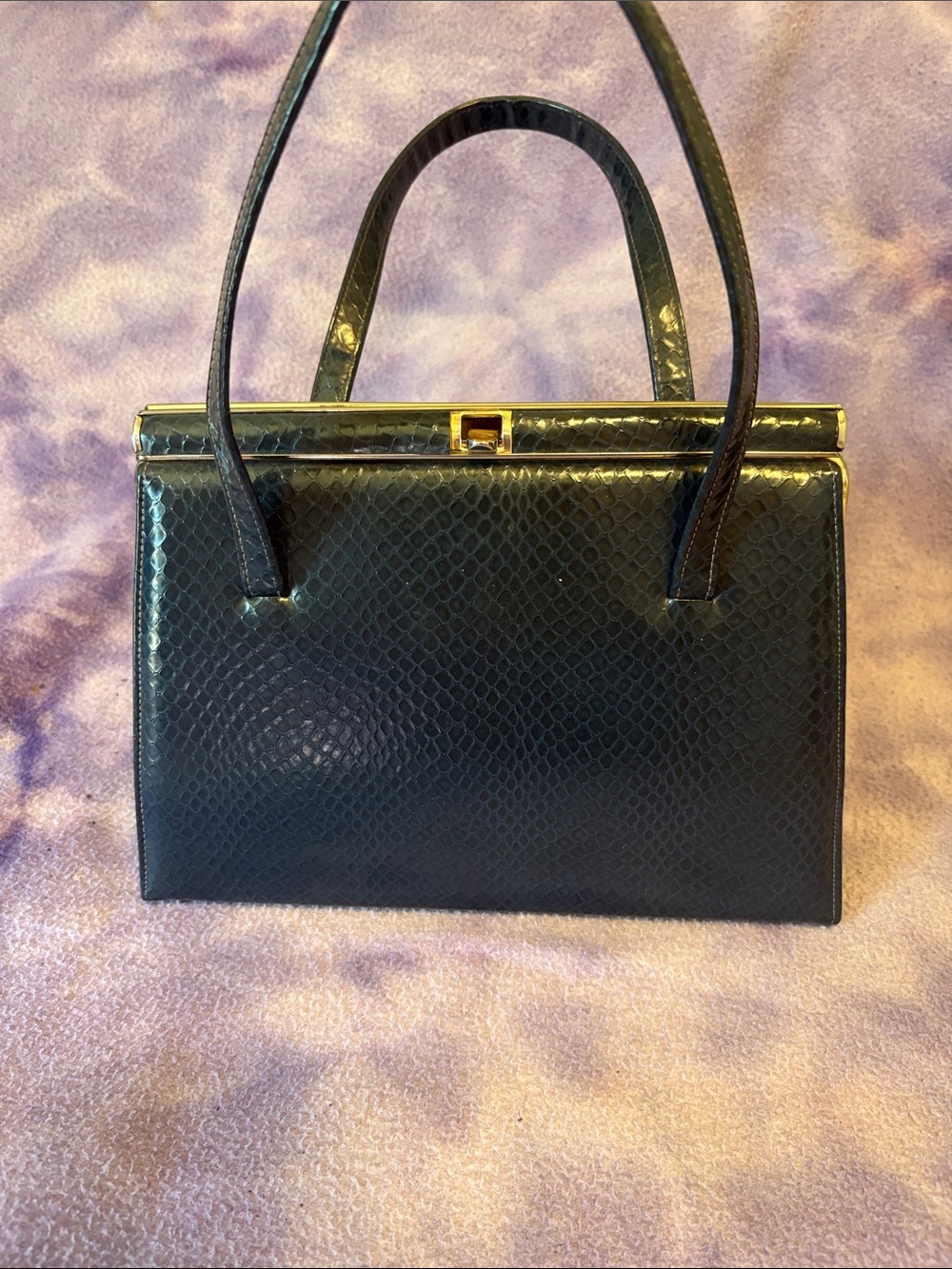 Vintage hand Bag blue faux, snake skin with Gold Accent. Made by Lennox bags.